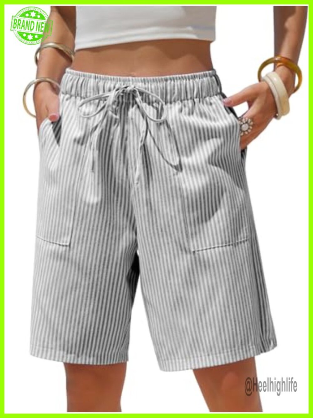 EXLURA Women's Cotton Linen Bermuda Shorts Striped Long Shorts Pockets